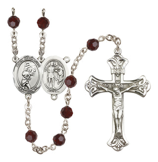 Sterling Silver 6mm Austrian Crystal Saint Sebastian/Softball Rosary in Garnet