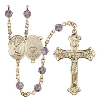 14 Karat Gold-Filled 6mm Austrian Crystal Saint Christopher / Air Force Rosary in Light Amethyst