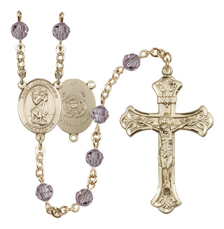 14 Karat Gold-Filled 6mm Austrian Crystal Saint Christopher / Coast Guard Rosary in Light Amethyst