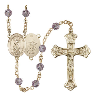 14 Karat Gold-Filled 6mm Austrian Crystal Saint Christopher / Navy Rosary in Light Amethyst