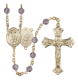 14 Karat Gold-Filled 6mm Austrian Crystal Guardian Angel / Navy Rosary in Light Amethyst