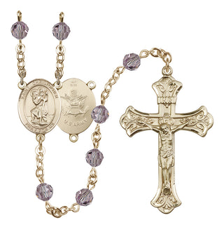 14 Karat Gold 6mm Austrian Crystal Saint Christopher / Army Rosary in Light Amethyst