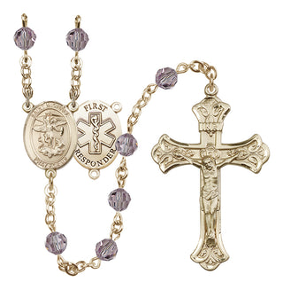 14 Karat Gold 6mm Austrian Crystal Saint Michael/1St Responder Rosary in Light Amethyst