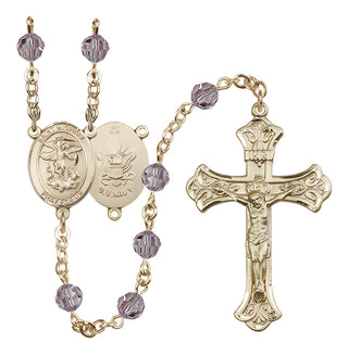 14 Karat Gold 6mm Austrian Crystal Saint Michael / Navy Rosary in Light Amethyst