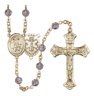 14 Karat Gold 6mm Austrian Crystal Guardian Angel/1st Responders Rosary in Light Amethyst