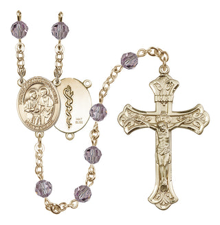 14 Karat Gold 6mm Austrian Crystal Saints Cosmas & Damian / Doctors Rosary in Light Amethyst