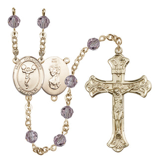 14 Karat Gold 6mm Austrian Crystal Saint Christopher/Cheerleading Rosary in Light Amethyst