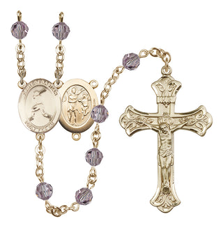 14 Karat Gold 6mm Austrian Crystal Saint Sebastian/Baseball Rosary in Light Amethyst