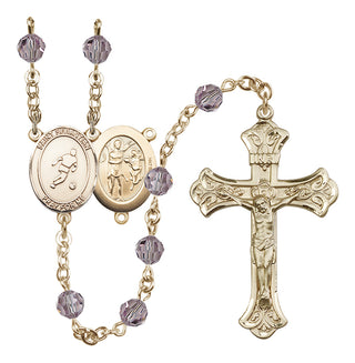 14 Karat Gold 6mm Austrian Crystal Saint Sebastian/Soccer Rosary in Light Amethyst