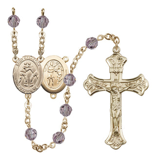 14 Karat Gold 6mm Austrian Crystal Saint Sebastian/Wrestling Rosary in Light Amethyst