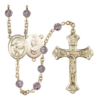 14 Karat Gold 6mm Austrian Crystal Saint Christopher/Soccer Rosary in Light Amethyst