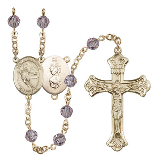 14 Karat Gold 6mm Austrian Crystal Saint Christopher/Hockey Rosary in Light Amethyst