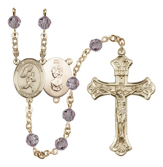 14 Karat Gold 6mm Austrian Crystal Saint Christopher/Track&Field-Men Rosary in Light Amethyst