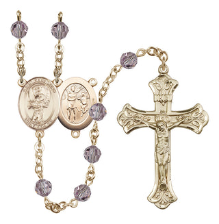 14 Karat Gold 6mm Austrian Crystal Saint Sebastian / Baseball Rosary in Light Amethyst