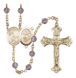 14 Karat Gold 6mm Austrian Crystal Saint Sebastian / Soccer Rosary in Light Amethyst