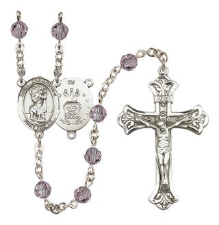 Sterling Silver 6mm Austrian Crystal Saint Christopher / Air Force Rosary in Light Amethyst