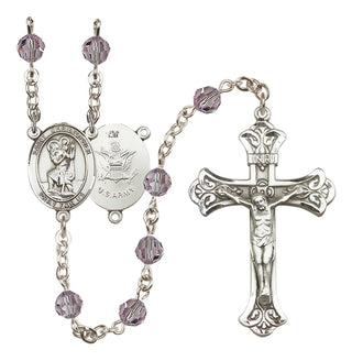 Sterling Silver 6mm Austrian Crystal Saint Christopher / Army Rosary in Light Amethyst