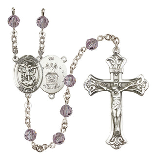 Sterling Silver 6mm Austrian Crystal Saint Michael / Air Force Rosary in Light Amethyst