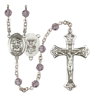 Sterling Silver 6mm Austrian Crystal Saint Michael / Navy Rosary in Light Amethyst