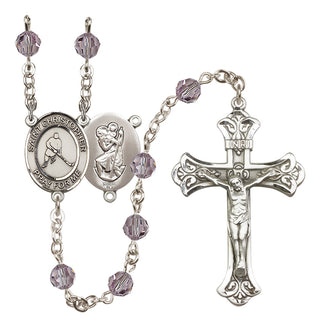 Sterling Silver 6mm Austrian Crystal Saint Christopher/Ice Hockey Rosary in Light Amethyst