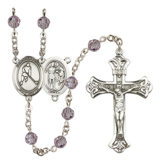 Sterling Silver 6mm Austrian Crystal Saint Sebastian/Ice Hockey Rosary in Light Amethyst