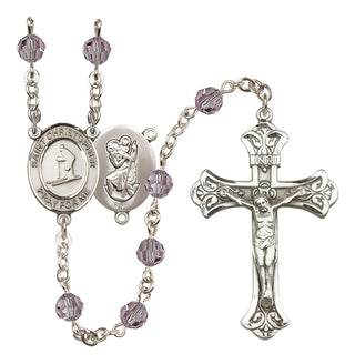 Sterling Silver 6mm Austrian Crystal Saint Christopher / Skiing Rosary in Light Amethyst