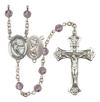 Sterling Silver 6mm Austrian Crystal Saint Christopher/Hockey Rosary in Light Amethyst