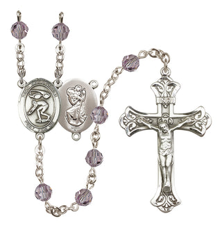 Sterling Silver 6mm Austrian Crystal Saint Christopher/Swimming Rosary in Light Amethyst