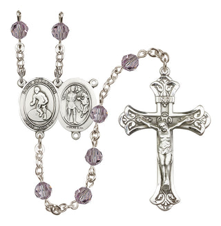 Sterling Silver 6mm Austrian Crystal Saint Sebastian/Wrestling Rosary in Light Amethyst