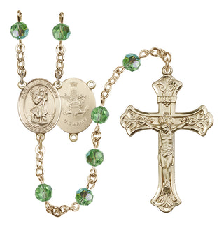 14 Karat Gold-Filled 6mm Austrian Crystal Saint Christopher / Army Rosary in Peridot