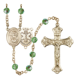 14 Karat Gold-Filled 6mm Austrian Crystal Saint Michael/1St Responder Rosary in Peridot