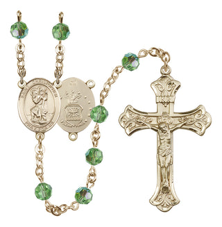 14 Karat Gold 6mm Austrian Crystal Saint Christopher / Air Force Rosary in Peridot