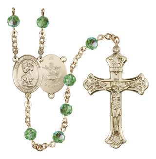 14 Karat Gold 6mm Austrian Crystal Saint Christopher / Army Rosary in Peridot