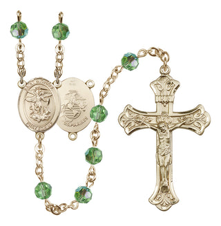 14 Karat Gold 6mm Austrian Crystal Saint Michael / Marines Rosary in Peridot