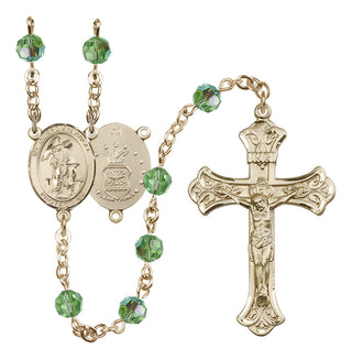 14 Karat Gold 6mm Austrian Crystal Guardian Angel / Air Force Rosary in Peridot