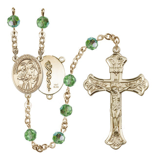 14 Karat Gold 6mm Austrian Crystal Saints Cosmas & Damian / Doctors Rosary in Peridot