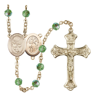 14 Karat Gold 6mm Austrian Crystal Saint Sebastian/Basketball Rosary in Peridot