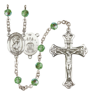 Sterling Silver 6mm Austrian Crystal Saint Christopher / Air Force Rosary in Peridot
