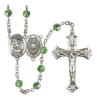 Sterling Silver 6mm Austrian Crystal Saint Michael the Archangel/Policeman Rosary in Peridot