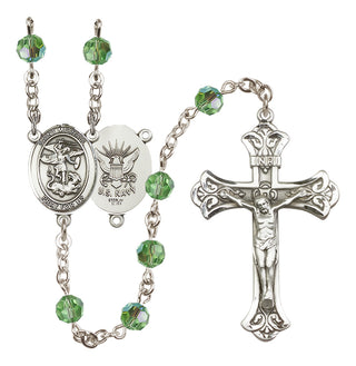 Sterling Silver 6mm Austrian Crystal Saint Michael / Navy Rosary in Peridot