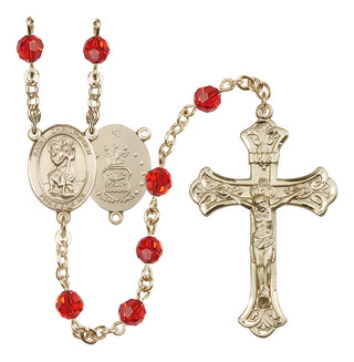 14 Karat Gold-Filled 6mm Austrian Crystal Saint Christopher / Air Force Rosary in Ruby
