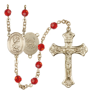 14 Karat Gold-Filled 6mm Austrian Crystal Saint Christopher / Coast Guard Rosary in Ruby