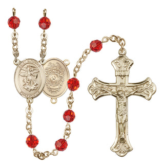 14 Karat Gold-Filled 6mm Austrian Crystal Saint Michael the Archangel/Policeman Rosary in Ruby
