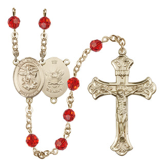 14 Karat Gold-Filled 6mm Austrian Crystal Saint Michael / Navy Rosary in Ruby