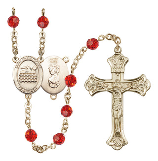 14 Karat Gold-Filled 6mm Austrian Crystal Saint Christopher/Swimming Rosary in Ruby