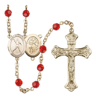 14 Karat Gold-Filled 6mm Austrian Crystal Saint Sebastian/Football Rosary in Ruby