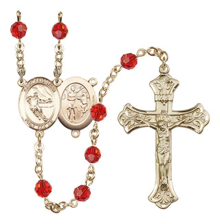 14 Karat Gold-Filled 6mm Austrian Crystal Saint Sebastian / Hockey Rosary in Ruby