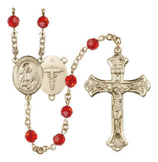 14 Karat Gold 6mm Austrian Crystal Saint Camillus of Lellis / Nurse Rosary in Ruby