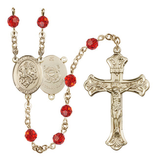 14 Karat Gold 6mm Austrian Crystal Saint George / Coast Guard Rosary in Ruby