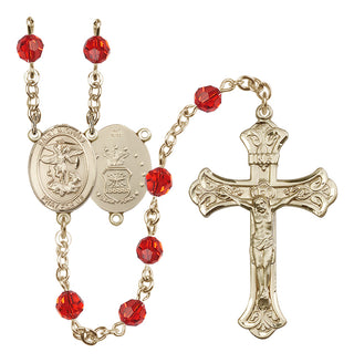 14 Karat Gold 6mm Austrian Crystal Saint Michael / Air Force Rosary in Ruby